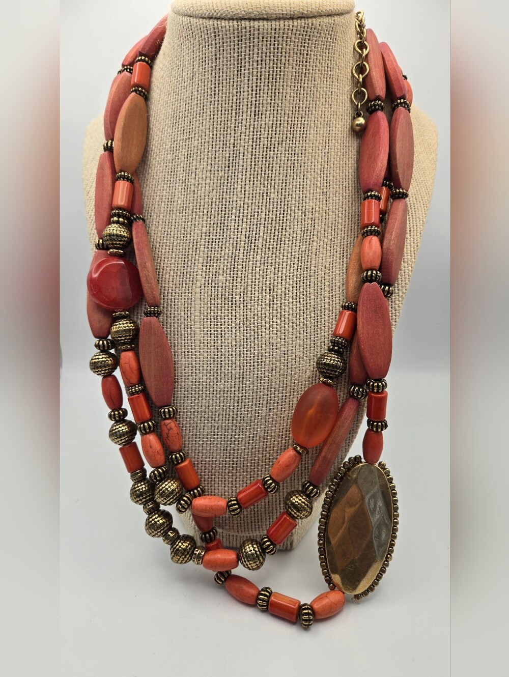NWT Chico's Chryssi Multi-Strand Wood Necklace Coral Goldtone Boho Chic Summer